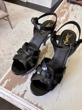 Yves Saint Laurent Black Patent Leather Tribute Platform Sandals Heels
